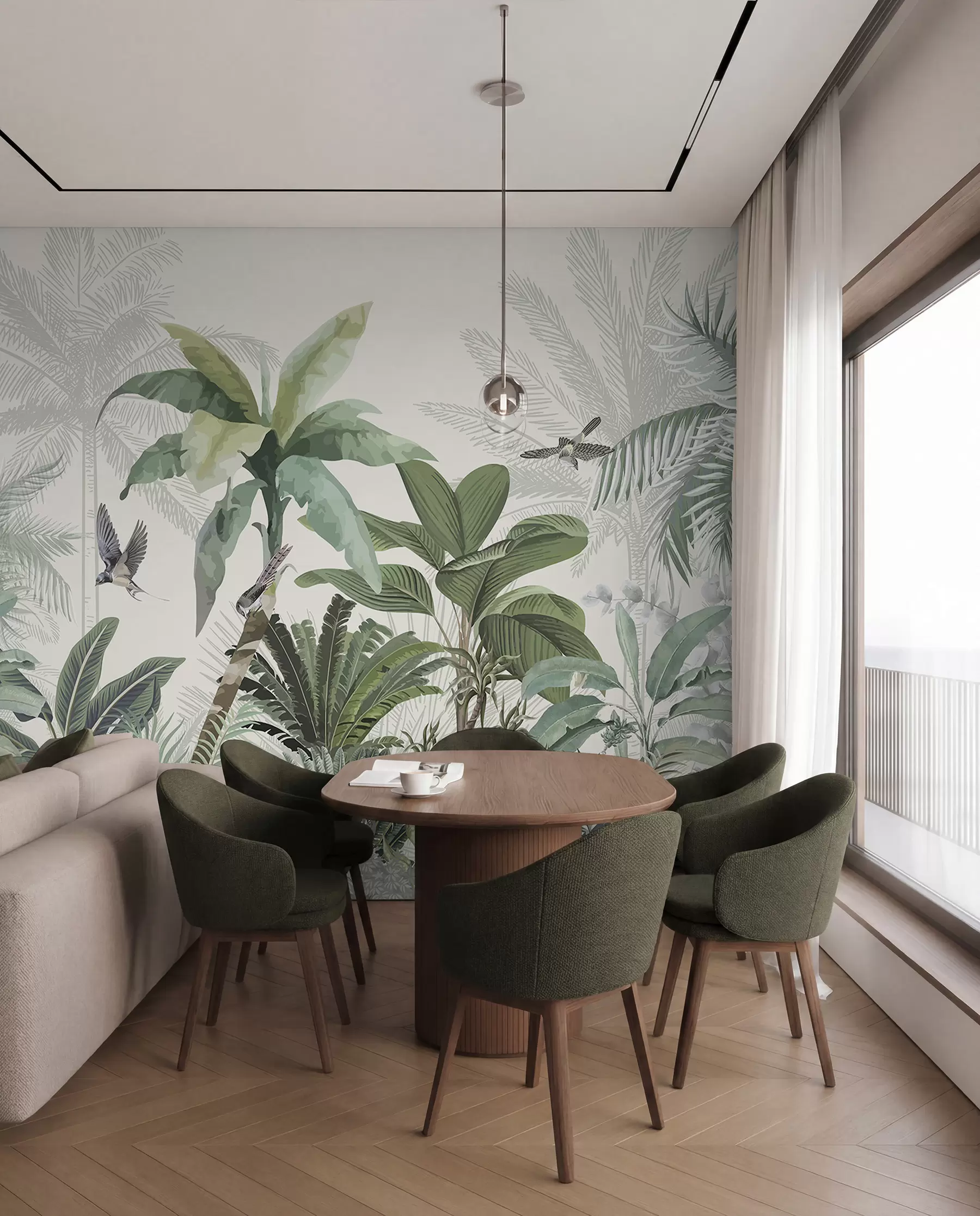 Carta da parati nature Una lussureggiante scena di giungla tropicale con varie palme, grandi foglie e fiori colorati in primo piano 