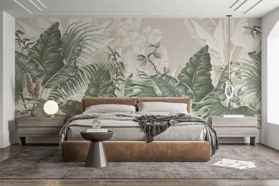 Carta da parati nature Una scena di giungla tropicale con grandi foglie verdi e fiori in primo piano, che creano un'atmosfera lussureggiante 