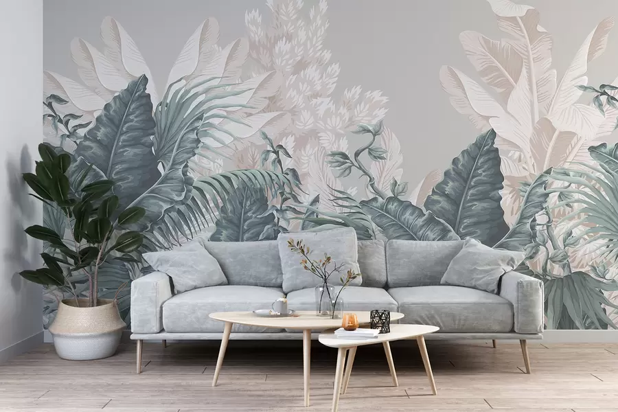 Carta da parati nature Una scena di giungla tropicale con grandi foglie verdi e fiori in primo piano, che creano un'atmosfera lussureggiante 