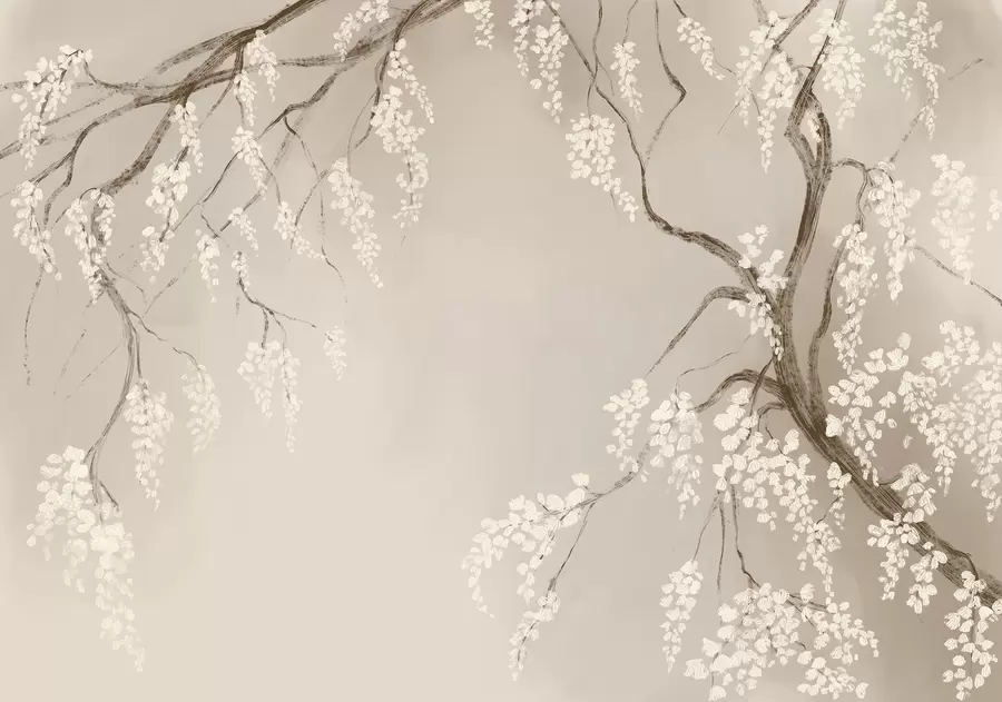 Carta da parati Floreale Delicato ciliegio bianco con fiori in fiore che sbocciano sui rami su sfondo beige n. w08243