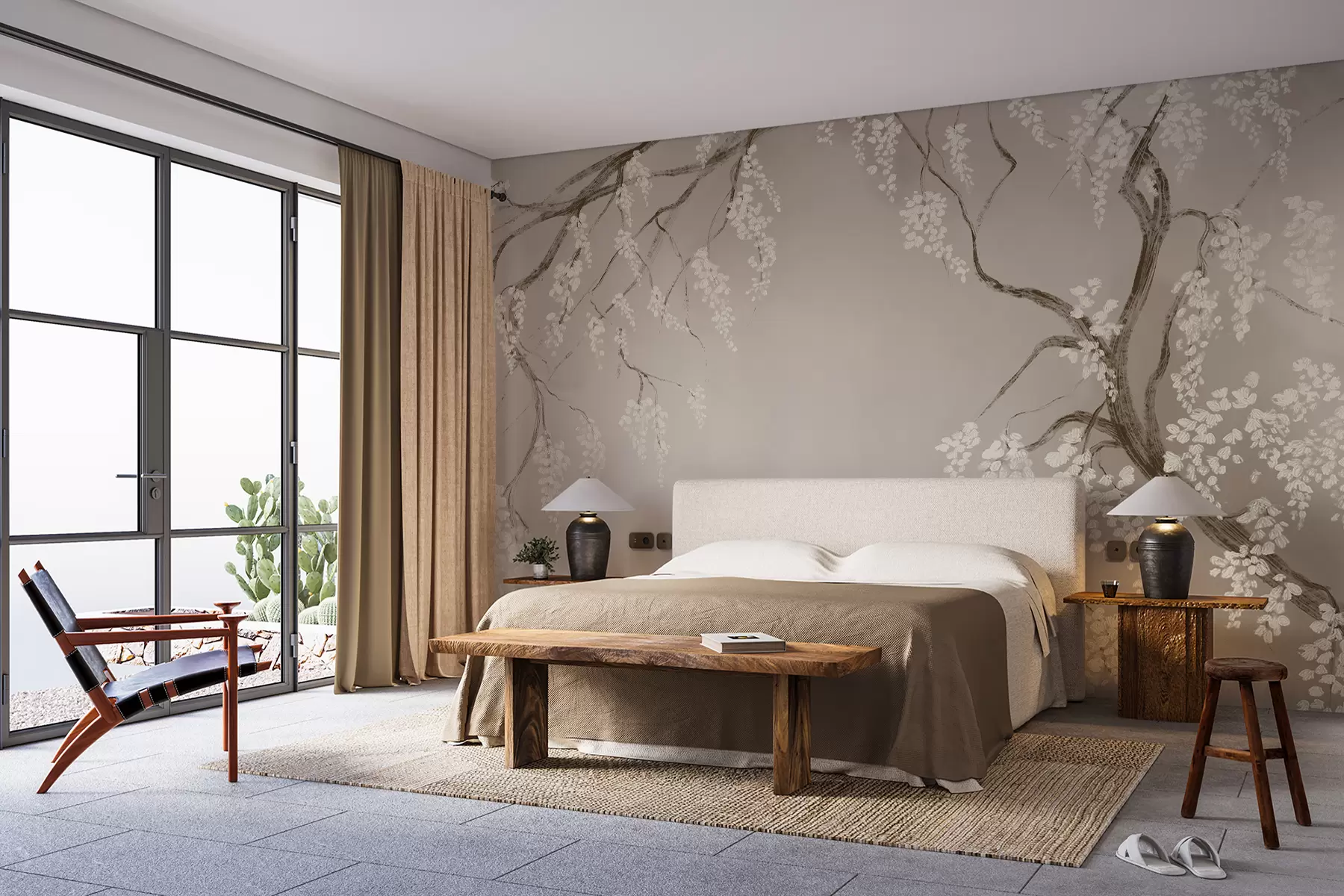 Carta da parati Floreale Delicato ciliegio bianco con fiori in fiore che sbocciano sui rami su sfondo beige n. w08243