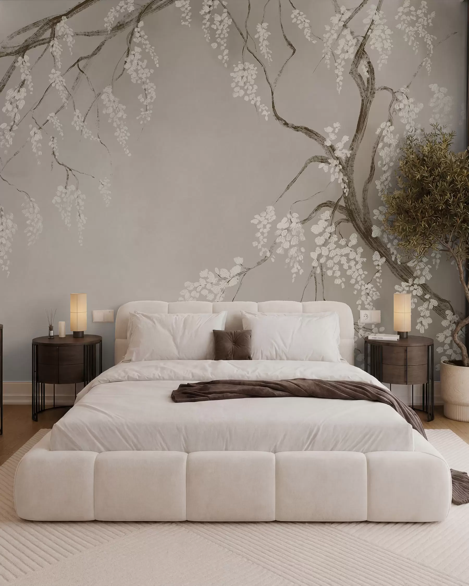 Carta da parati Floreale Delicato ciliegio bianco con fiori in fiore che sbocciano sui rami su sfondo beige n. w08243