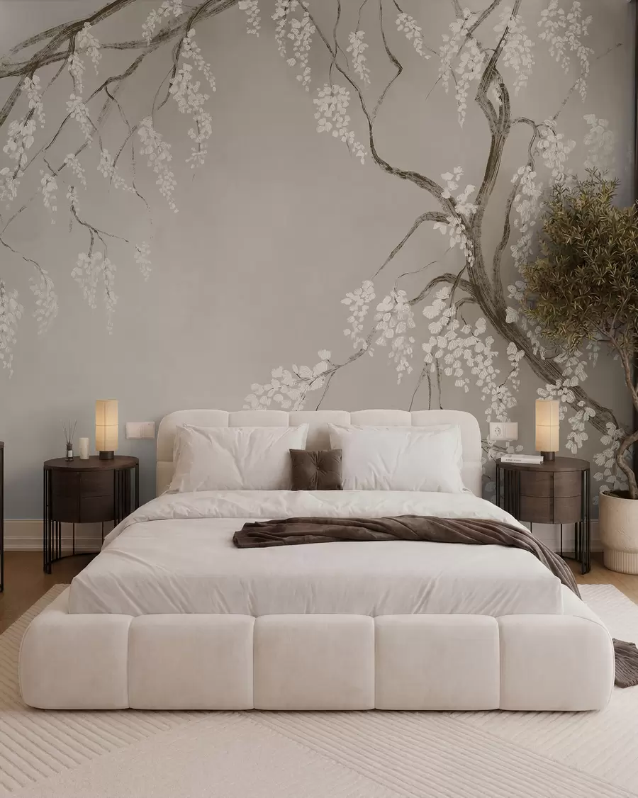 Carta da parati Floreale Delicato ciliegio bianco con fiori in fiore che sbocciano sui rami su sfondo beige n. w08243