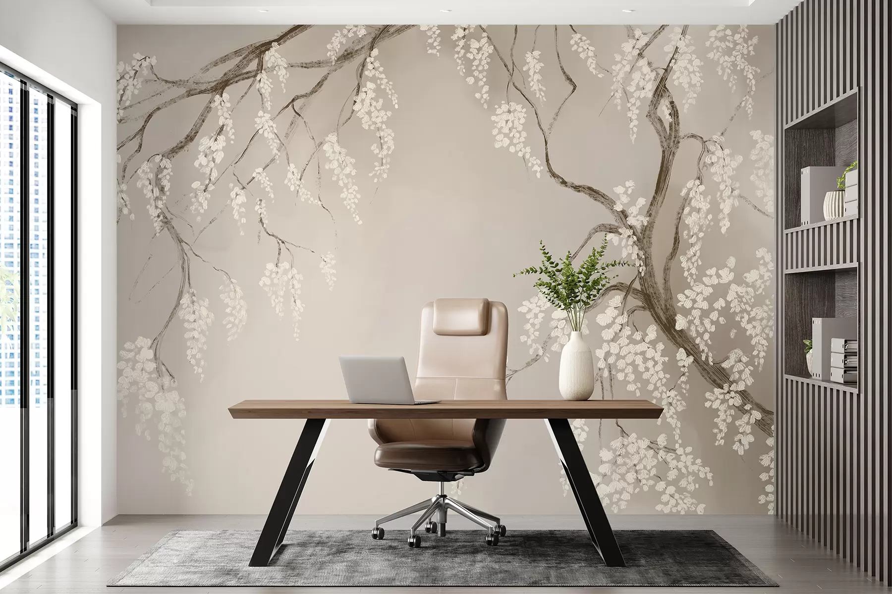 Carta da parati Floreale Delicato ciliegio bianco con fiori in fiore che sbocciano sui rami su sfondo beige n. w08243