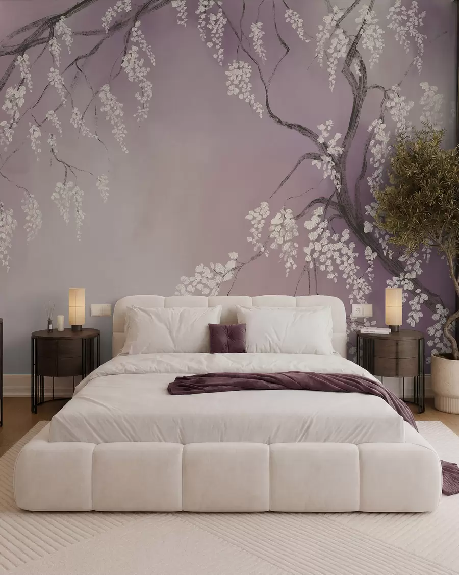 Carta da parati Floreale Delicato ciliegio bianco con fiori in fiore che sbocciano sui rami su sfondo rosa n. w08243v2