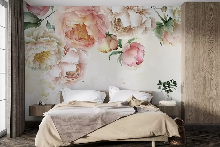 Carta da parati Floreale Delicate peonie rosa e bianche con foglie verdi lussureggianti su uno sfondo acquerello chiaro n. w08248