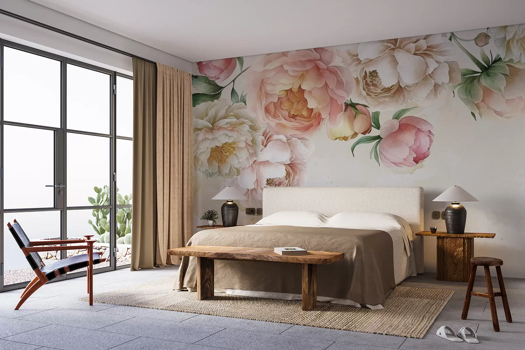 Carta da parati Floreale Delicate peonie rosa e bianche con foglie verdi lussureggianti su uno sfondo acquerello chiaro n. w08248
