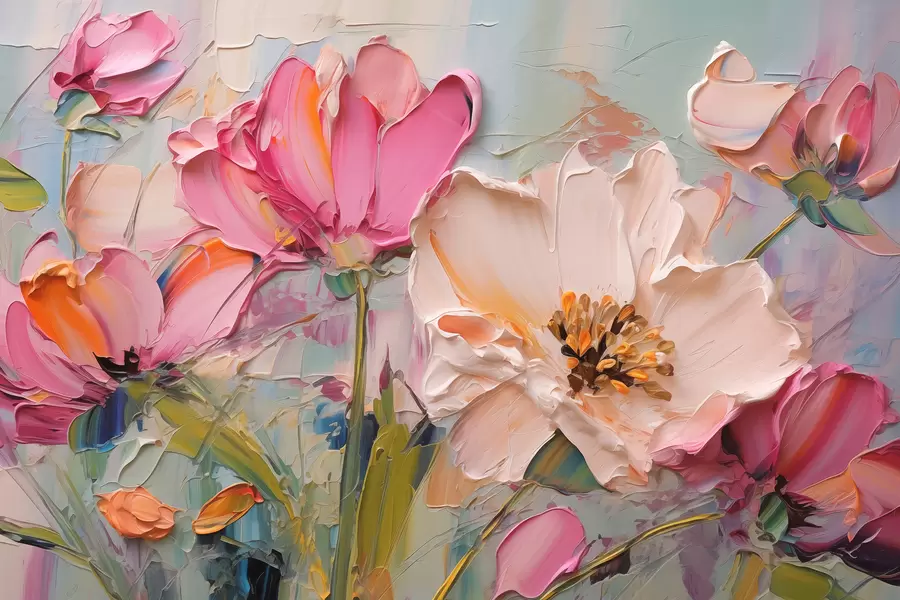 Carta da parati 3D Fiori Fiori rosa brillante su uno sfondo grigio azzurro n. w01039