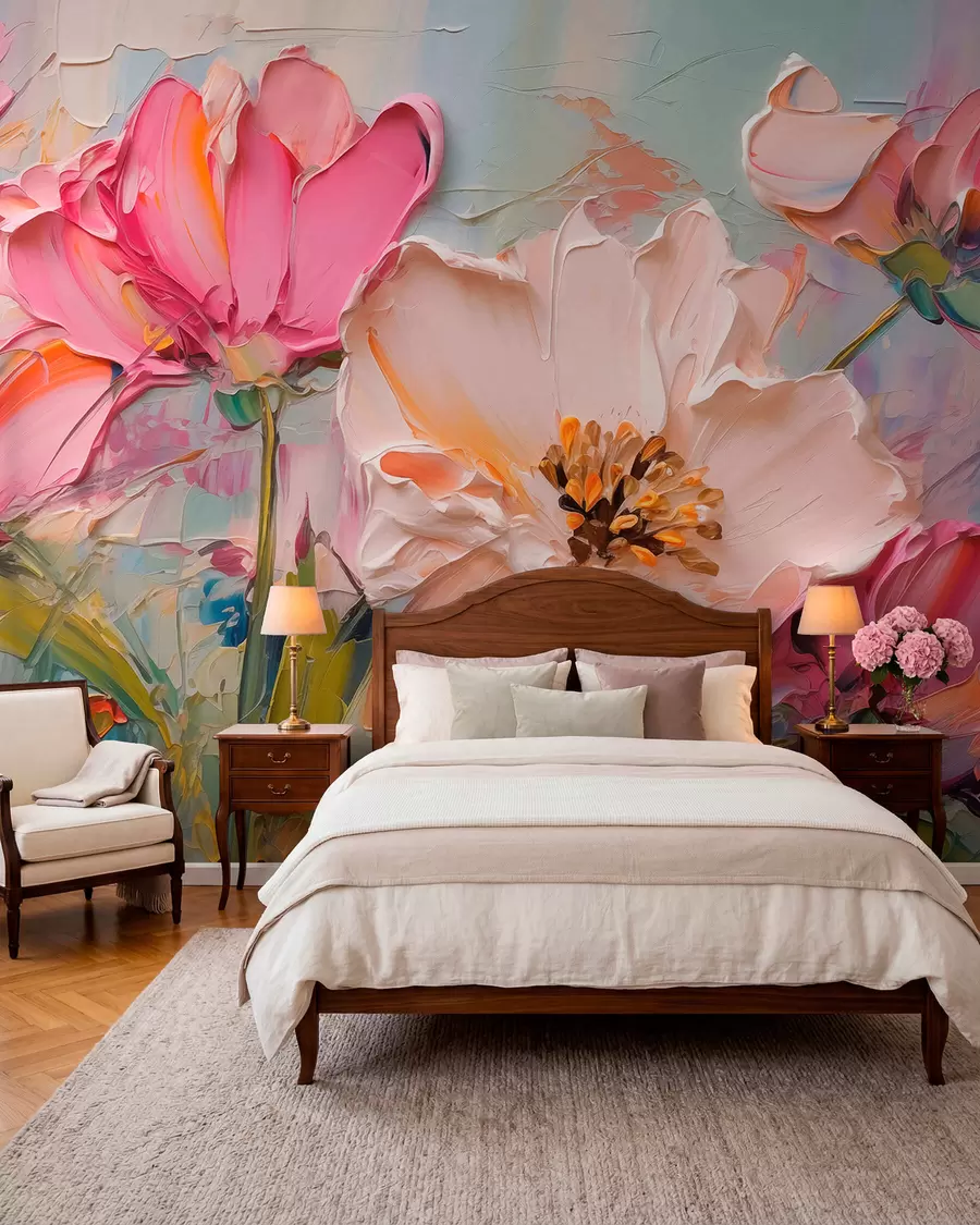 Carta da parati 3D Fiori Fiori rosa brillante su uno sfondo grigio azzurro n. w01039