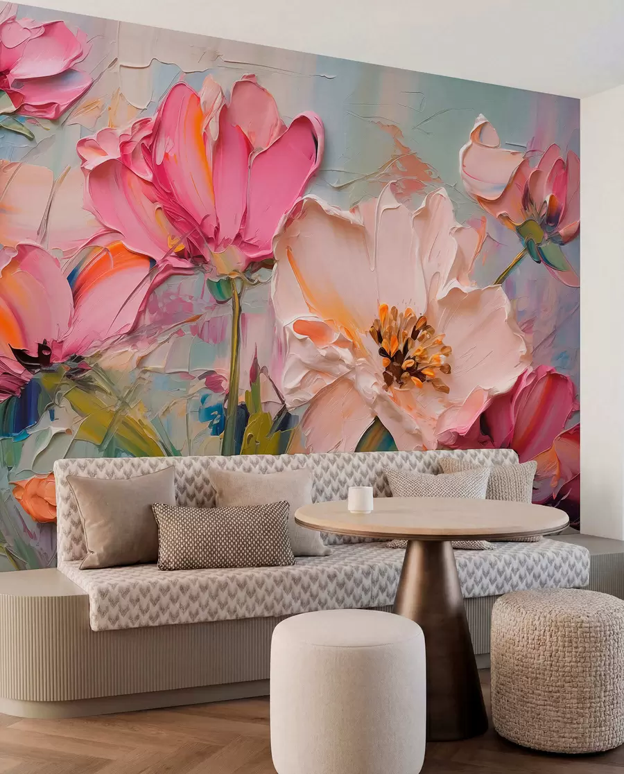 Carta da parati 3D Fiori Fiori rosa brillante su uno sfondo grigio azzurro n. w01039