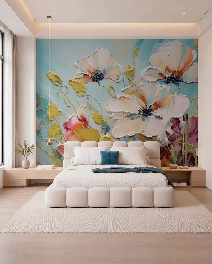 Carta da parati 3D Fiori Papaveri bianchi astratti su sfondo blu, imitazione di pennellate di vernice n. w01043