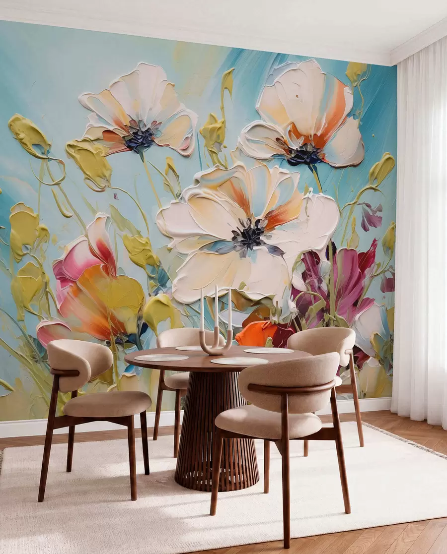 Carta da parati 3D Fiori Papaveri bianchi astratti su sfondo blu, imitazione di pennellate di vernice n. w01043