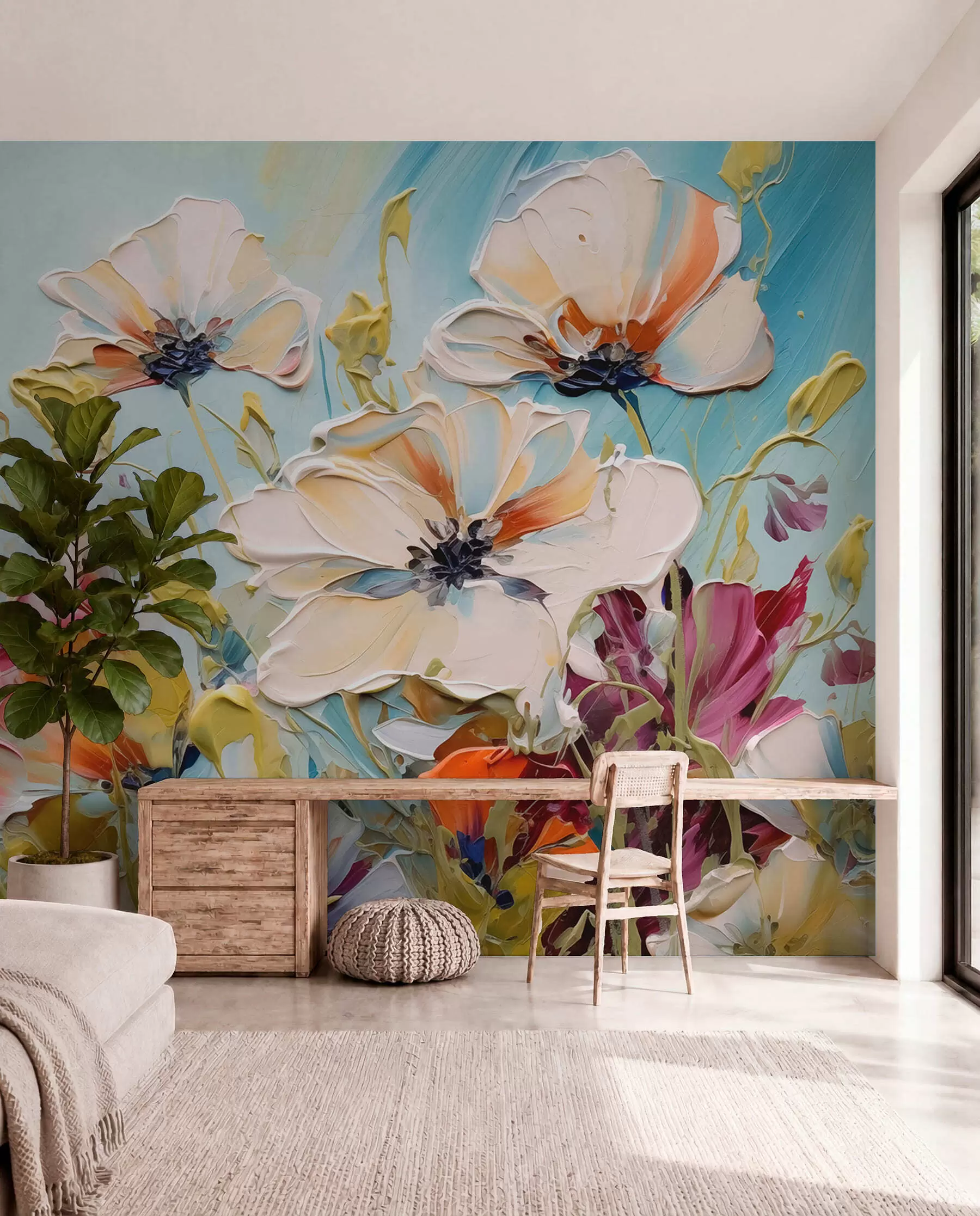 Carta da parati 3D Fiori Papaveri bianchi astratti su sfondo blu, imitazione di pennellate di vernice n. w01043