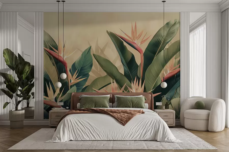 Carta da parati nature Composizione lussureggiante di fiori tropicali circondati da grandi foglie verde scuro 