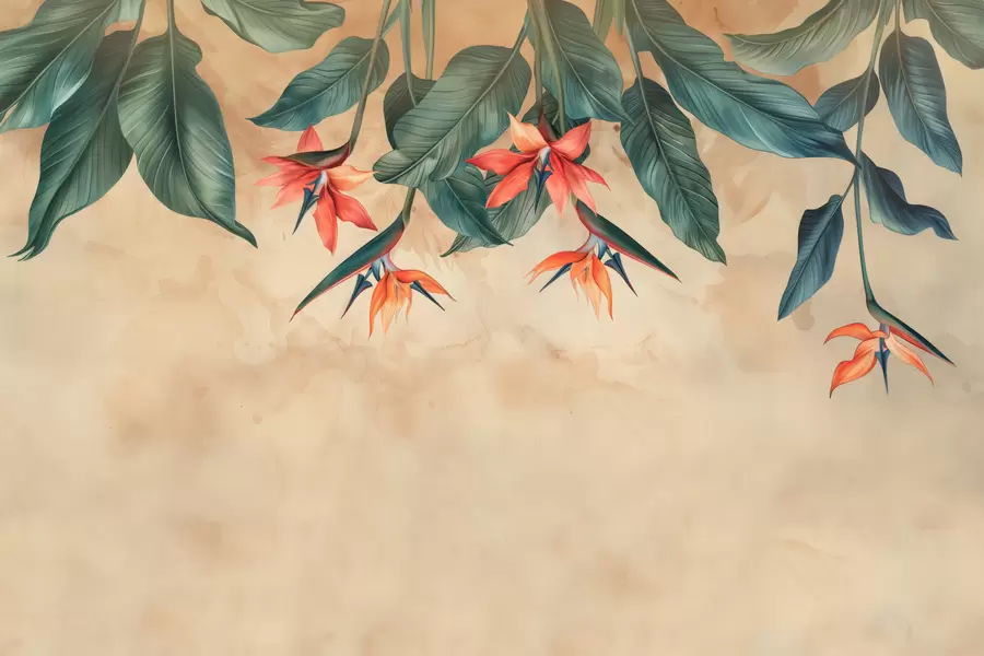 Carta da parati nature Fioritura tropicale su sfondo acquerello beige 