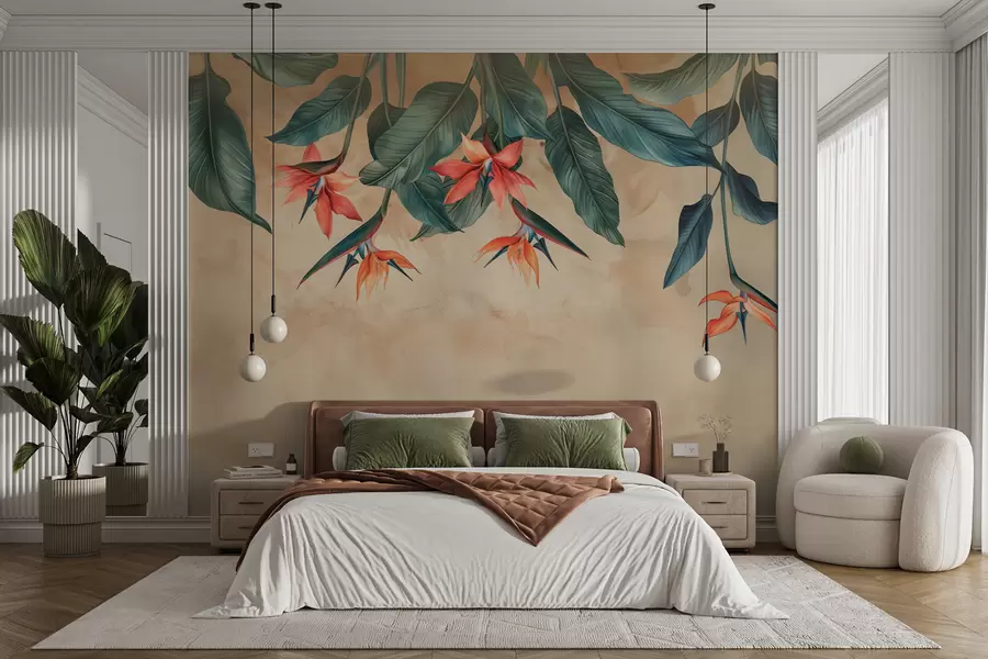 Carta da parati nature Fioritura tropicale su sfondo acquerello beige 
