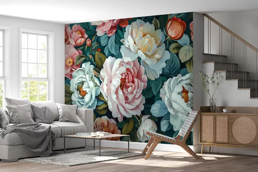 Carta da parati 3D Fiori Bouquet luminoso di grandi peonie rigogliose e rose in fiore n. w01495