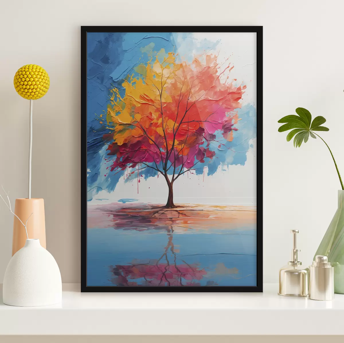 Poster Albero multicolore astratto su un lago f40455