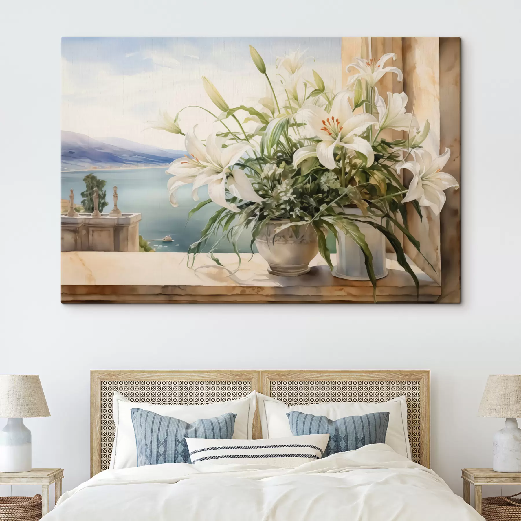 carta da parati Gigli bianchi in un vaso su un balcone con vista sul mare e sulle montagne acquerello nr. s40682