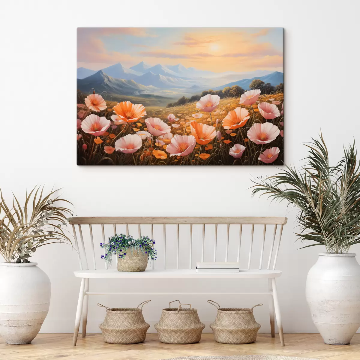 carta da parati Campo di papaveri all'alba con le montagne sullo sfondo nr. s40730