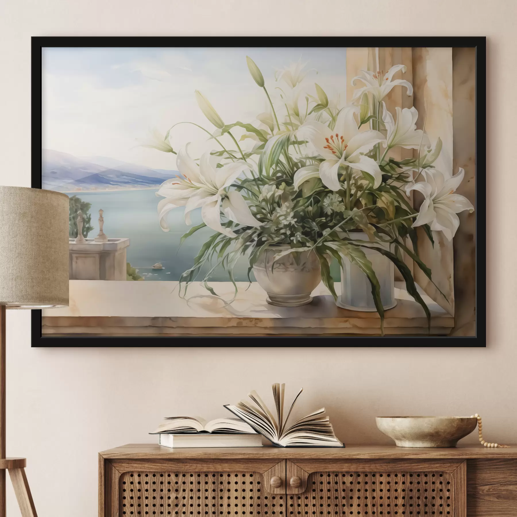 carta da parati Gigli bianchi in un vaso su un balcone con vista sul mare e sulle montagne acquerello nr. f40682