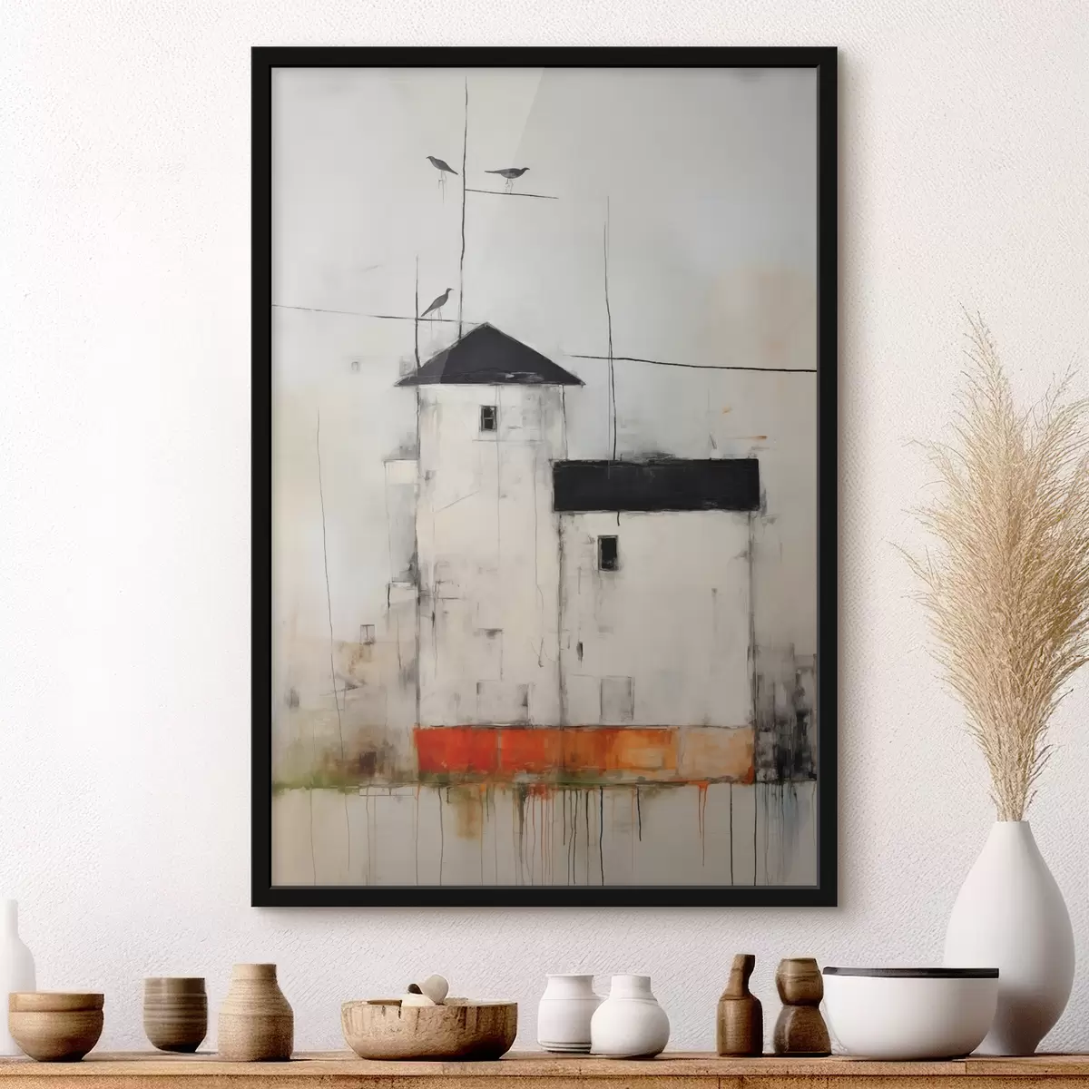 Poster Case bianche con tetti neri che dipingono con texture di graffi e abrasioni di sporco f40685