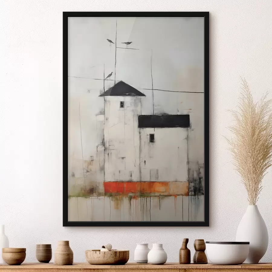 carta da parati Case bianche con tetti neri che dipingono con texture di graffi e abrasioni di sporco nr. f40685