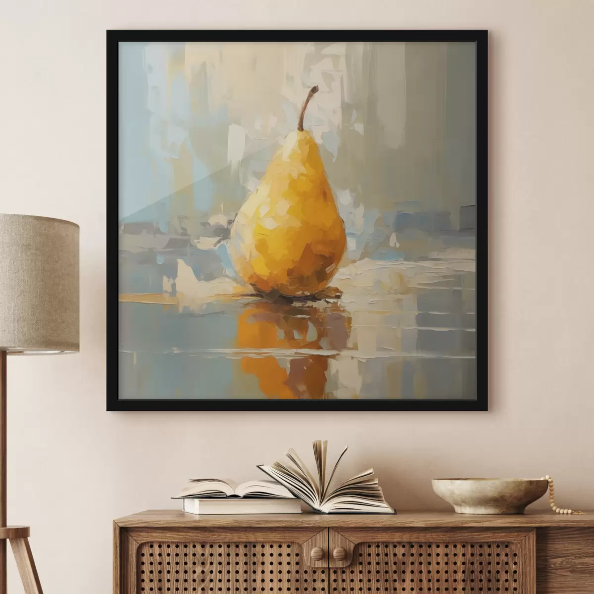 Poster Pera su sfondo pastello, colore giallo, arancione, grigio f40690