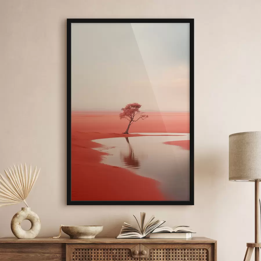 carta da parati Paesaggio minimalista albero vicino al fiume, rosso, grigio colore nr. f40722