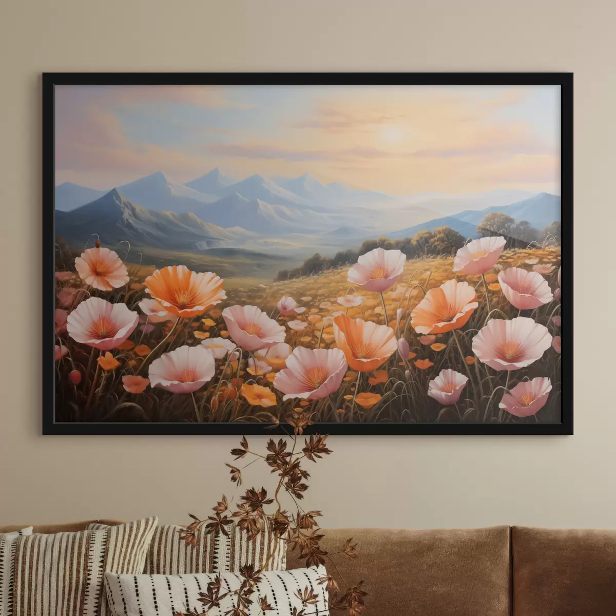 Poster Campo di papaveri all'alba con le montagne sullo sfondo f40730