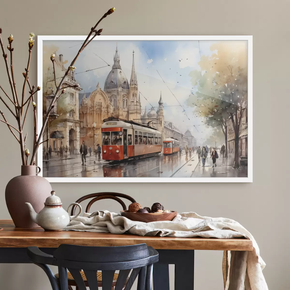 Poster Tram rosso sulla strada di Vienna acquerello f40732