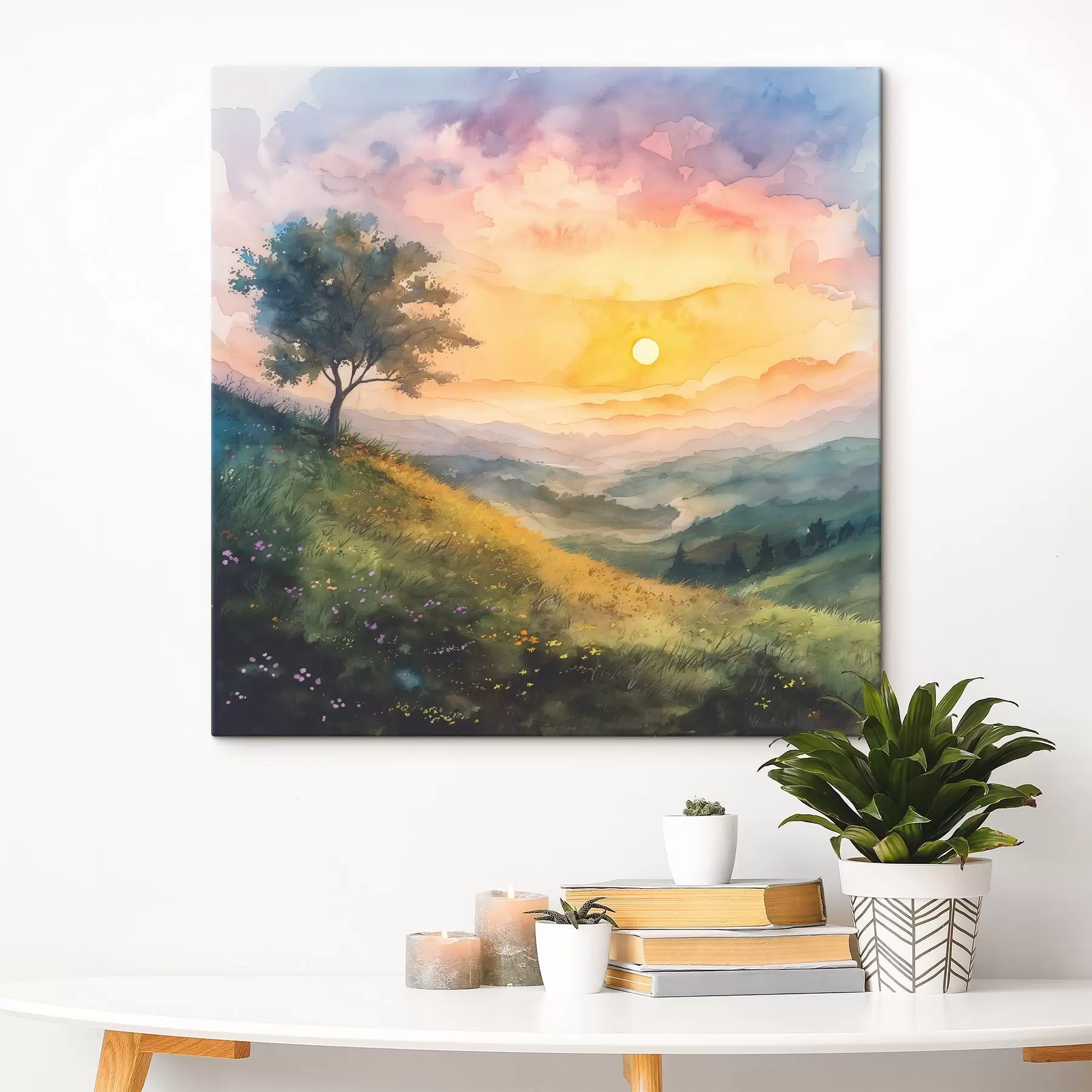 carta da parati Prato con colline e alberi, fiori, acquerello nr. s40303