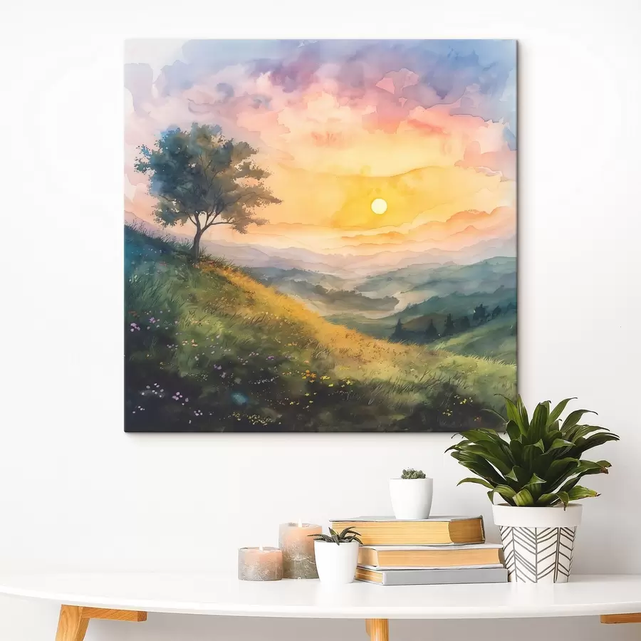 carta da parati Prato con colline e alberi, fiori, acquerello nr. s40303