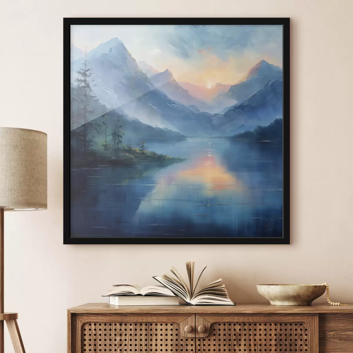 Poster Tramonto in montagna, nebbia, fiume, forеst, pittura a olio f40302
