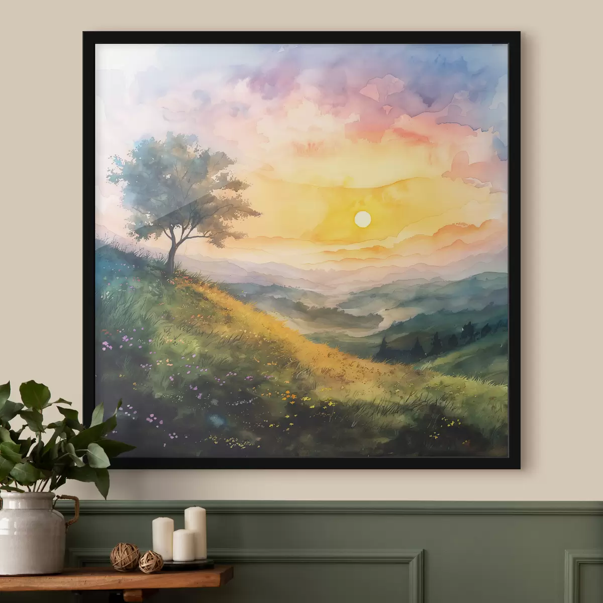 Poster Prato con colline e alberi, fiori, acquerello f40303