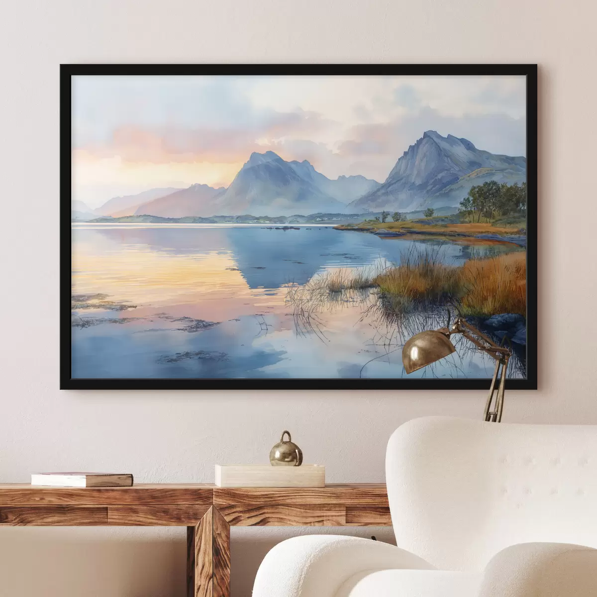 Poster Fiume calmo con montagne, alba, colori tenui f40307