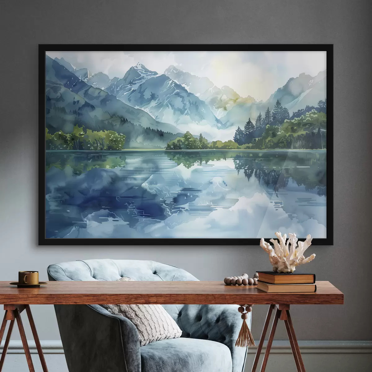 Poster Acquerello paesaggio di montagna, fiume, colori verde e blu f40310