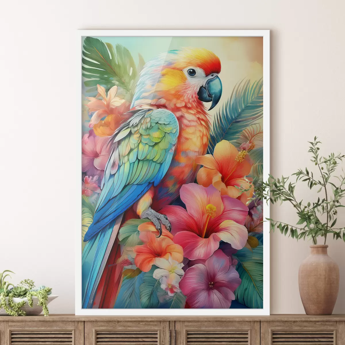 Poster pappagallo luminoso in fiori f40711