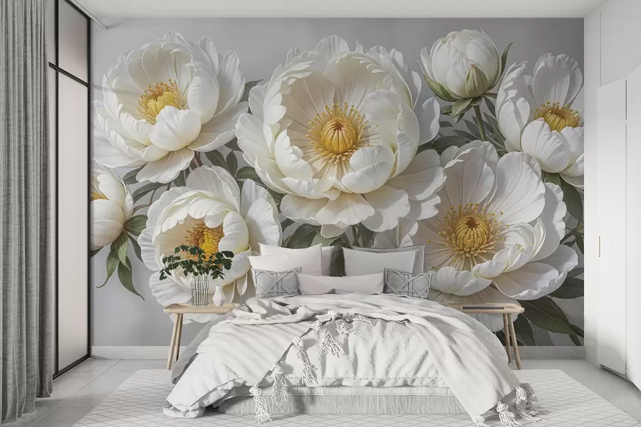 Carta da parati Floreale Quadro bianco voluminoso di peonie con centro giallo, circondate da foglie verdi su uno sfondo chiaro n. w08249