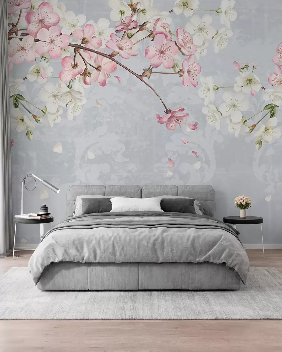 carta da parati Fiori di ciliegio bianchi e rosa in piena fioritura, con morbidi petali che cadono su uno sfondo blu strutturato nr. w08254