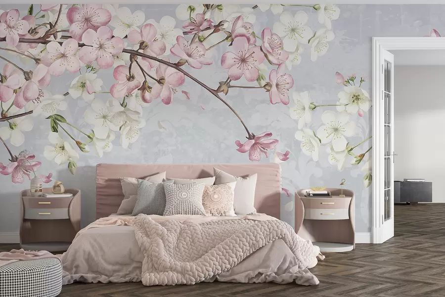 carta da parati Fiori di ciliegio bianchi e rosa in piena fioritura, con morbidi petali che cadono su uno sfondo blu strutturato nr. w08254