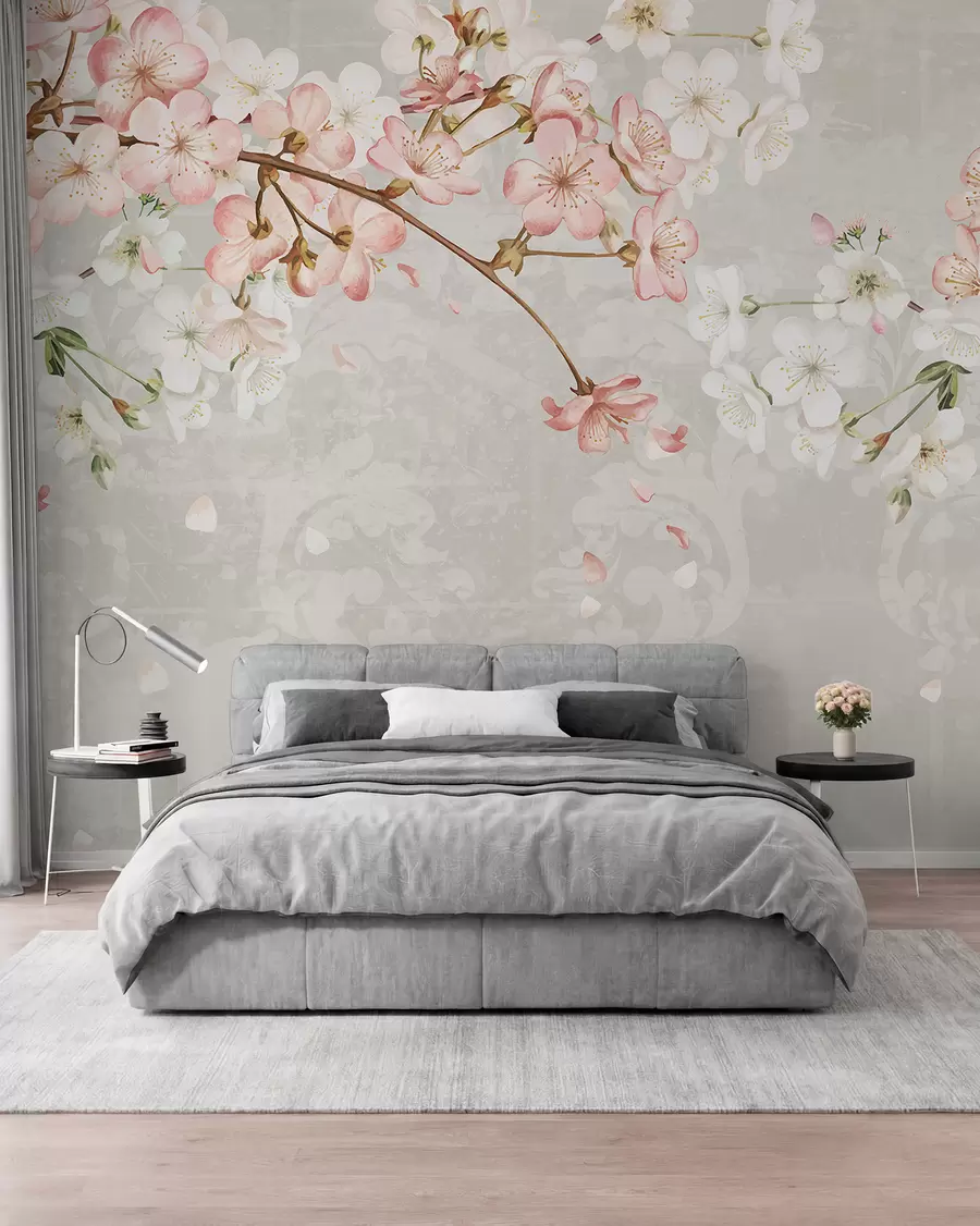 carta da parati Fiori di ciliegio bianchi e rosa in piena fioritura, con morbidi petali che cadono su uno sfondo beige strutturato nr. w08254v1