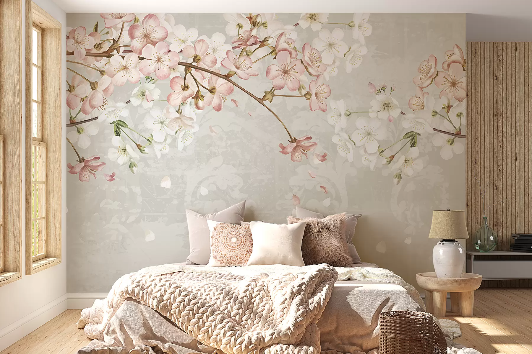 carta da parati Fiori di ciliegio bianchi e rosa in piena fioritura, con morbidi petali che cadono su uno sfondo beige strutturato nr. w08254v1