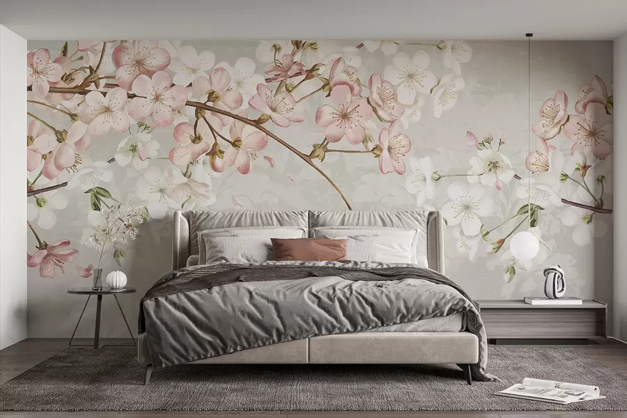 carta da parati Fiori di ciliegio bianchi e rosa in piena fioritura, con morbidi petali che cadono su uno sfondo beige strutturato nr. w08254v1