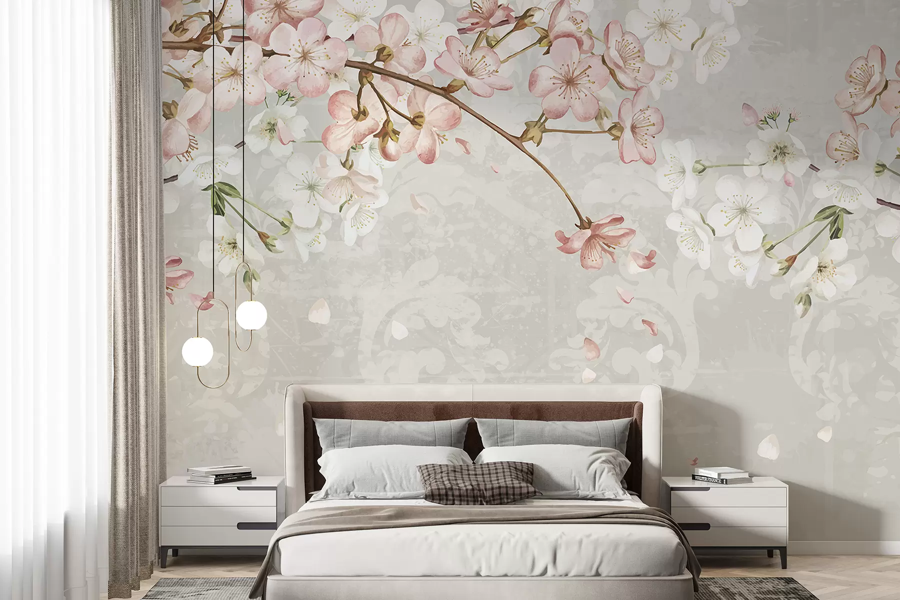 carta da parati Fiori di ciliegio bianchi e rosa in piena fioritura, con morbidi petali che cadono su uno sfondo beige strutturato nr. w08254v1