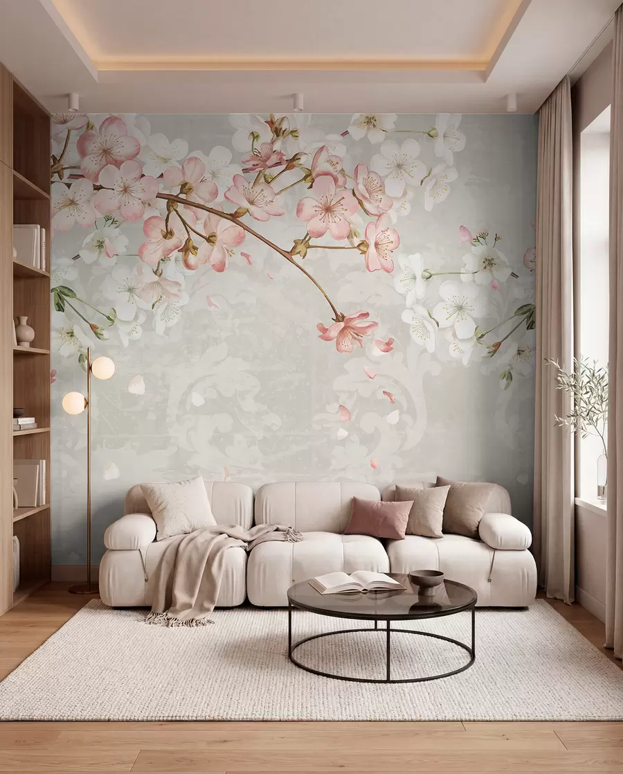 carta da parati Fiori di ciliegio bianchi e rosa in piena fioritura, con morbidi petali che cadono su uno sfondo beige strutturato nr. w08254v1