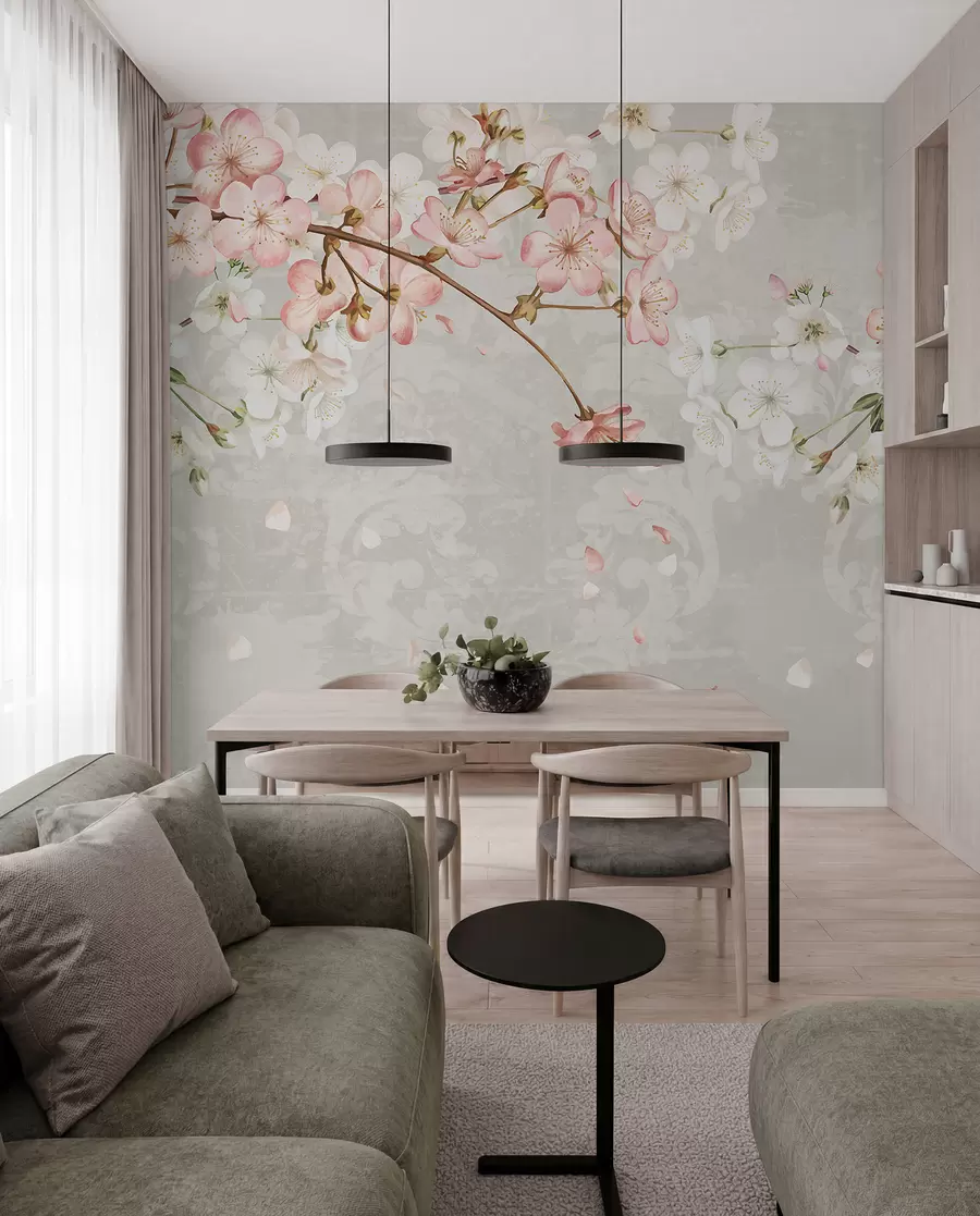 carta da parati Fiori di ciliegio bianchi e rosa in piena fioritura, con morbidi petali che cadono su uno sfondo beige strutturato nr. w08254v1