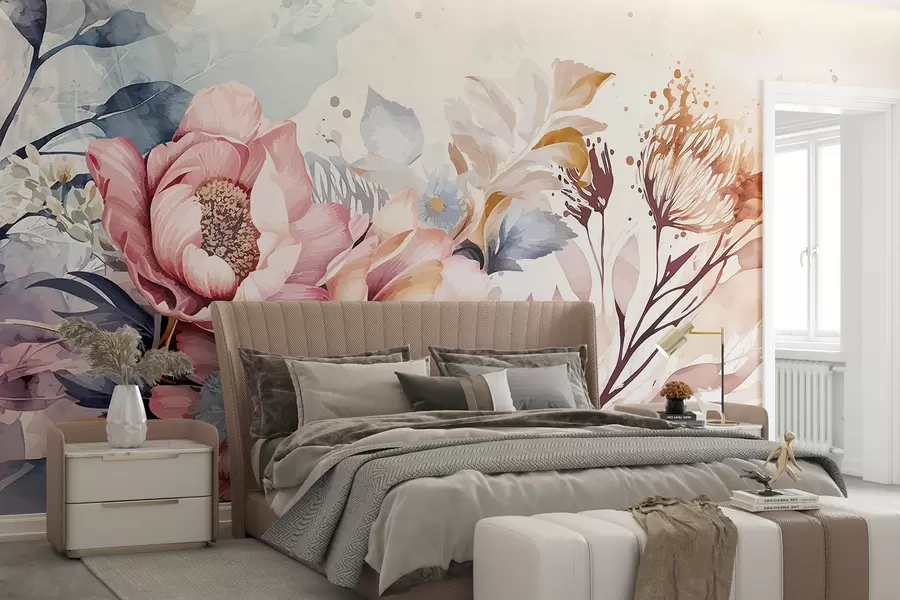 carta da parati Grandi fiori rosa e blu con petali delicati, circondati da fiori più piccoli su uno sfondo acquerellato nr. w08256