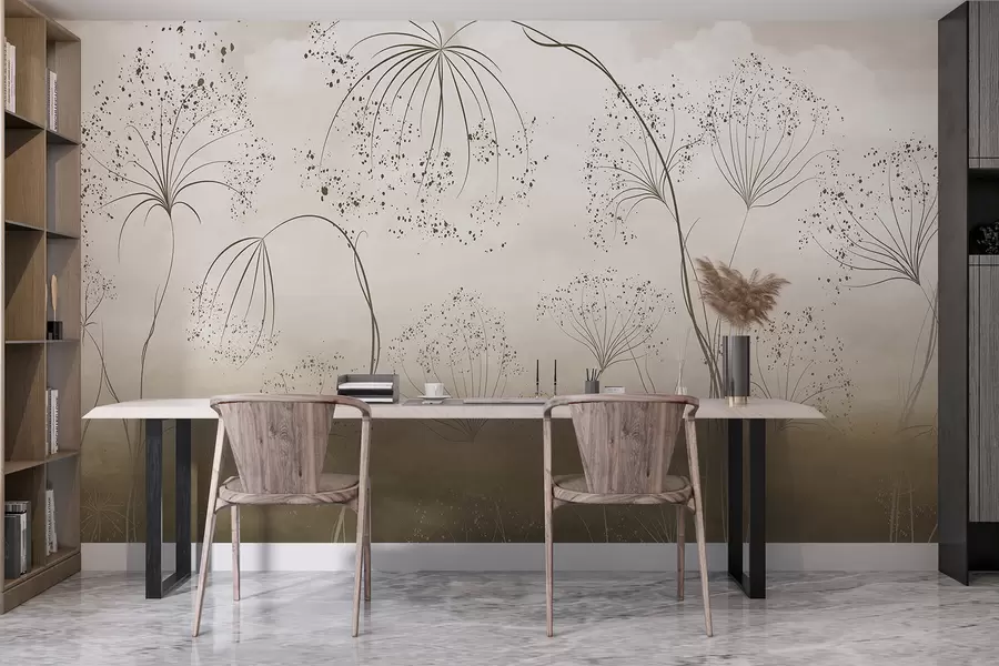 Carta da parati Floreale Piante brune alte e sottili con fiori delicati a forma di ombrello o teste di semi in un ambiente nebbioso e atmosferico n. w08258