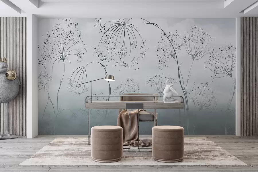 carta da parati Piante azzurre alte e sottili con fiori delicati a forma di ombrello o teste di semi in un ambiente nebbioso e atmosferico nr. w08258v1